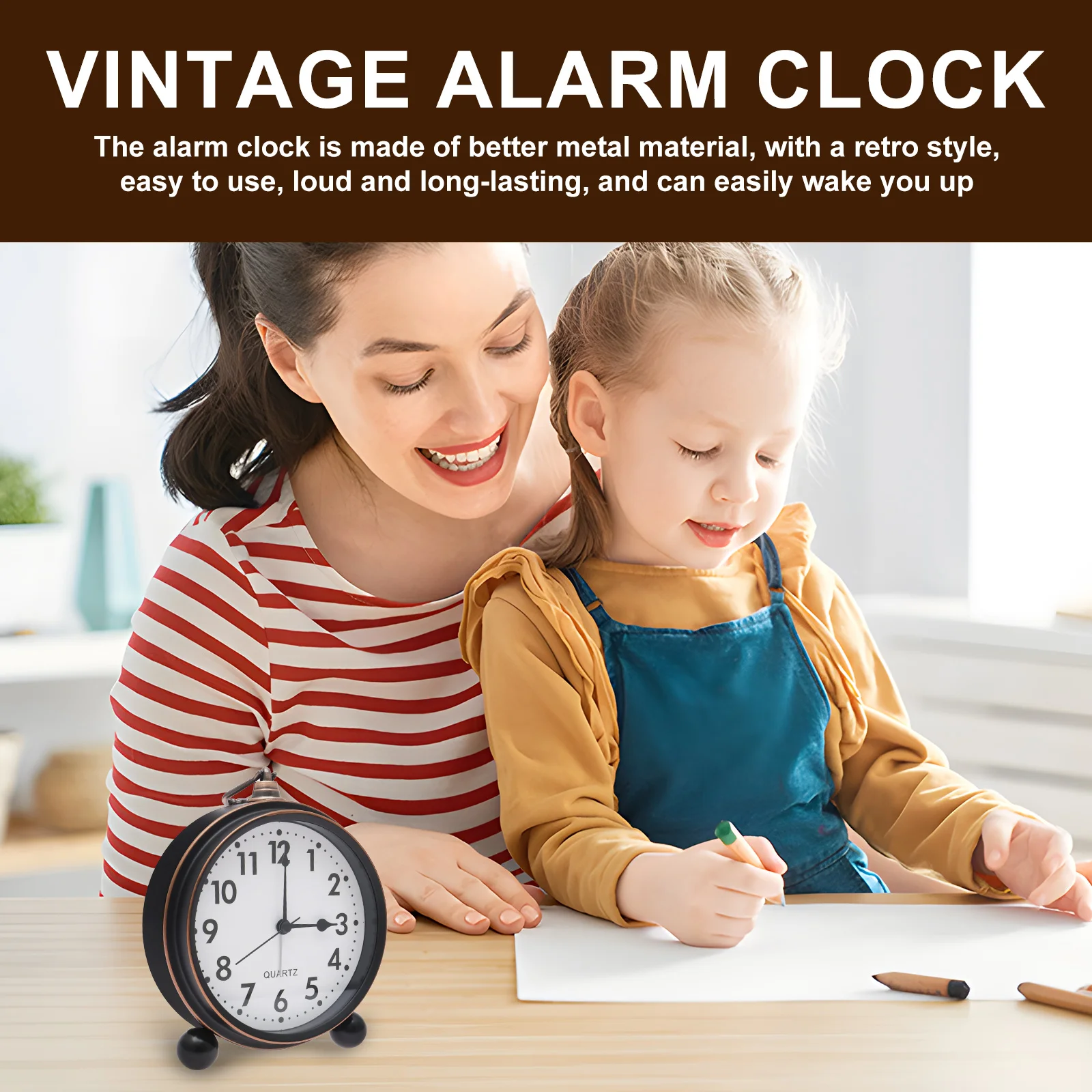 Vintage Alarm Clock Battery Operated Metal Alarm Clocks No Ticking Silent Desktop Retro Clock for Home Bookshelf and Nightstand