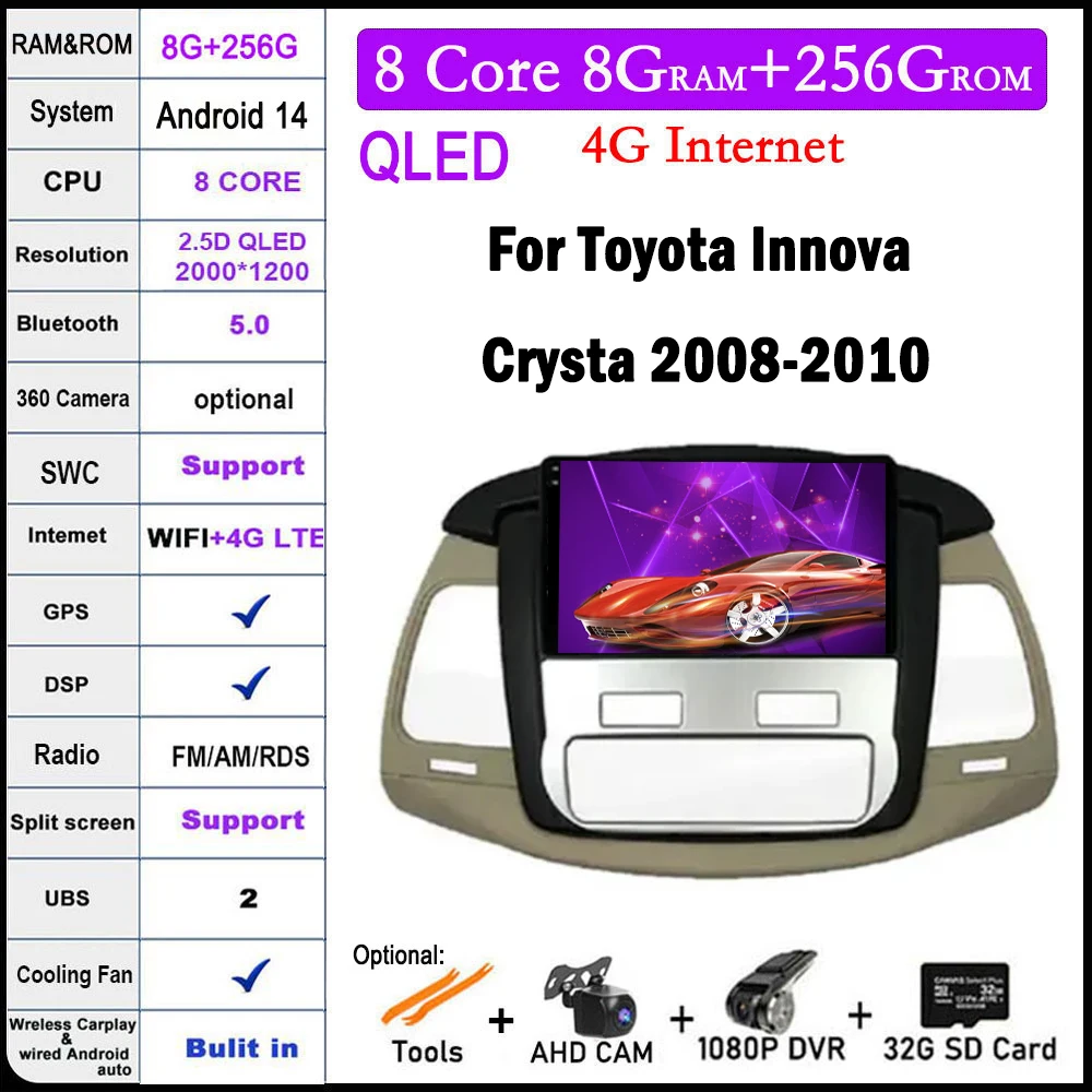 

Автомагнитола для Toyota lnnova Crysta 2008-2010 Android 14 Автомобильная DSP радио Carplay видеоплеер Авторадио мультимедийная Навигация стерео