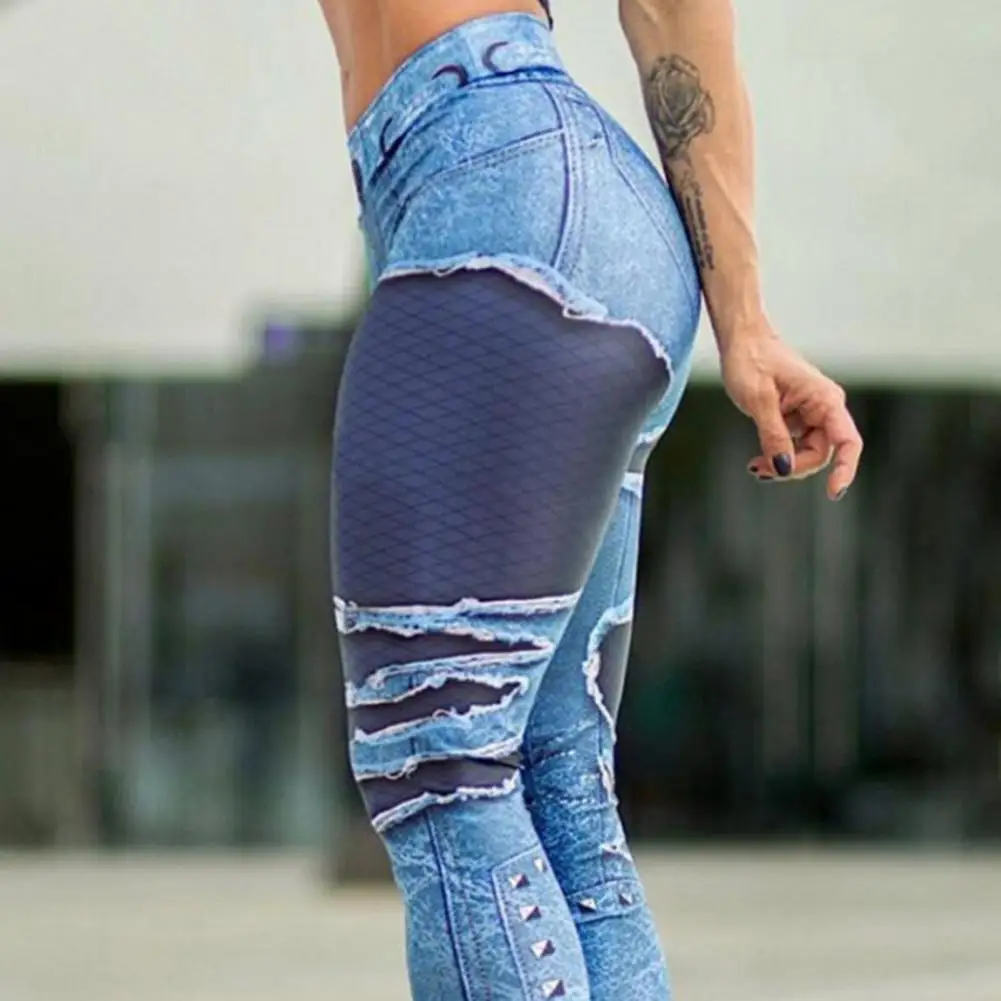 High Waist Mesh Stitching Ripped Holes Fitness Leggings Push Up Imitation Jeans Skinny Women Yoga Pants abaya traf camisas stylish yoga pants push up activewear women ripped holes print faux denim jeans pencil pants fitness leggings