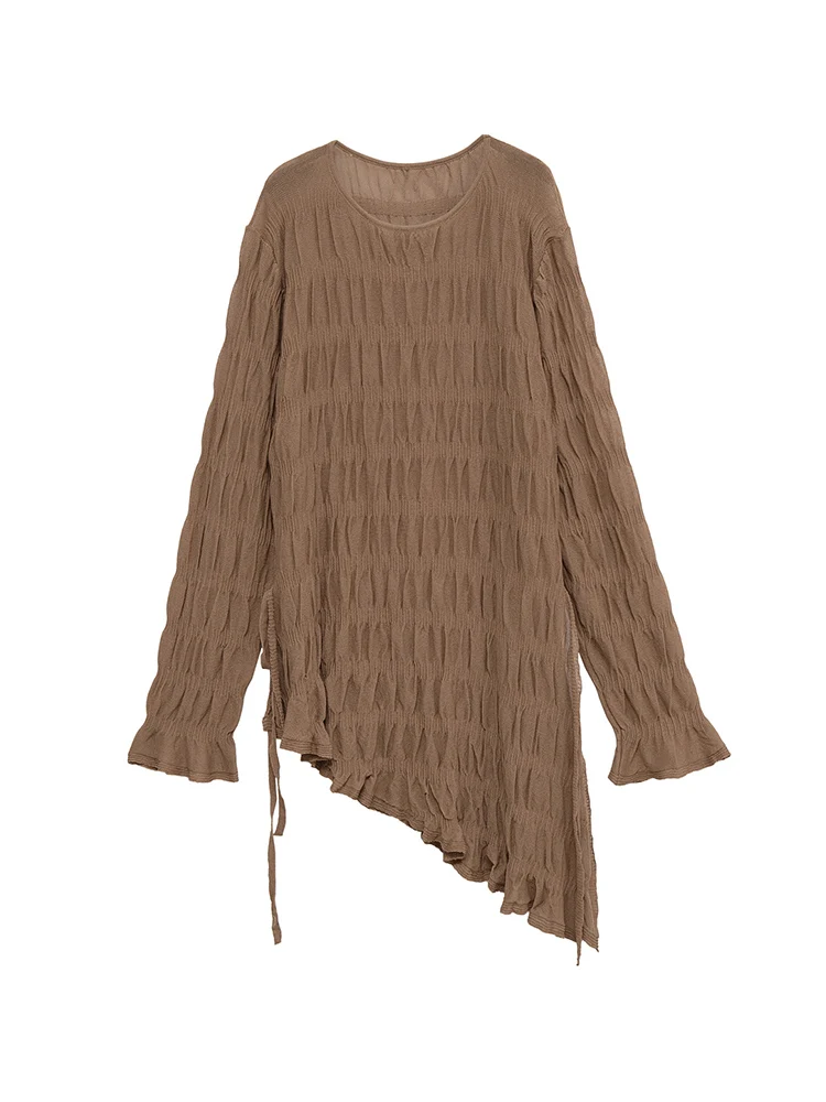 Women's Long Sleeve T Shirt Irregular Hem  Solid Folds Long Knitted Top Casual Fit Fashion Daily Street Female Clothes 2025