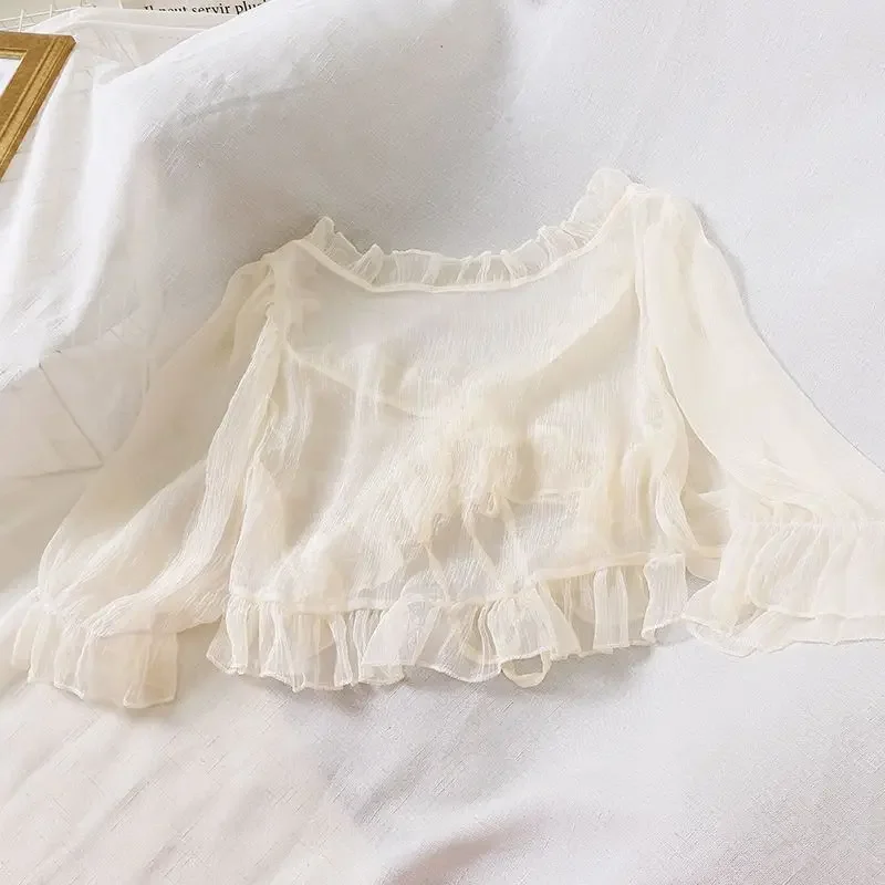 여성용 크롭 가디건, 쉬폰 소재, 경량 탱크 원피스, 반팔 에어컨 재킷, 여름 패션