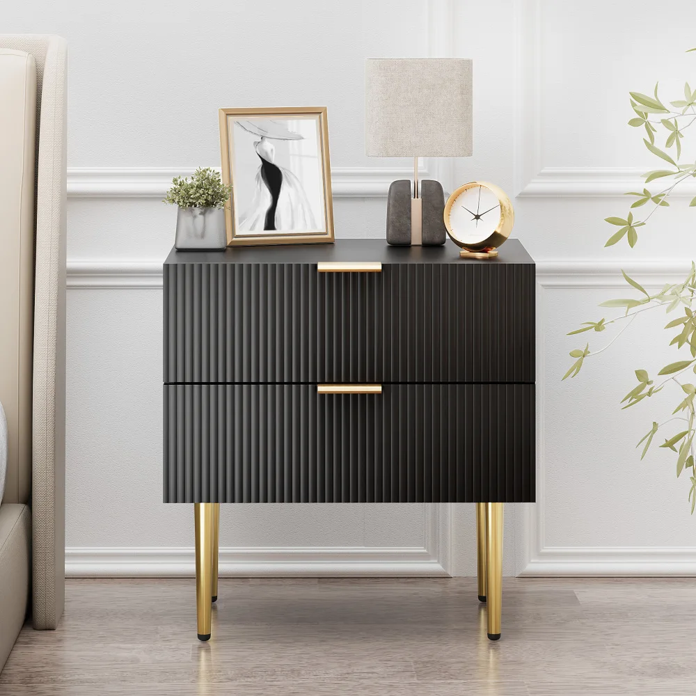 Eleganter Nachttisch mit schwarzem Wellenmuster und 2 Schubladen, Nachttisch mit Metallbeinen, 1-teiliger Schlafzimmer-Nachttisch – Detail 8