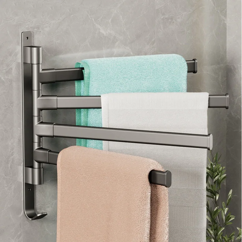 

Space Aluminum 180 ° Rotating Towel Rack Punching Installation Storage Towel Rod Integrated Hook Bedroom Bathroom Storage Rack