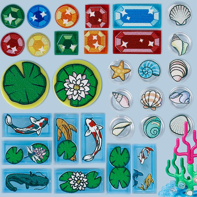 Moc Fish Pond Printed Tiles Pirate Diamond Sea Shell Conch Building Blocks Conch Water Lake Carp Animals Plant Bricks Toys Kids