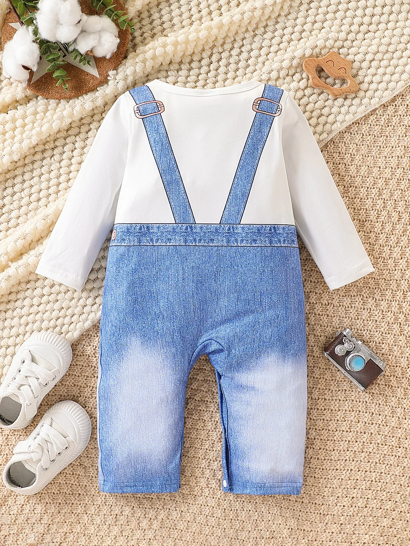 Spring Autumn Baby Boys 1-6M Faux Denim Overalls Print Long Sleeve Onesie Newborn Casual Daily Romper 2