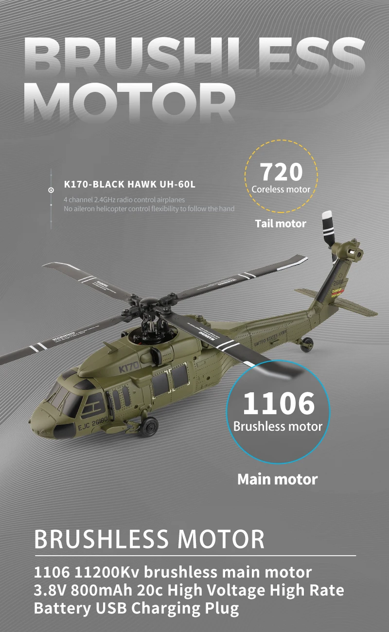 Sd234e55e1ed044c9b8fd71563a83a868L Wltoys K170 UH 60L RC Plane 2.4G 4CH 6 Axis Gyro Brushless Motor Military Green Helicopter RTF And XK K170 Birthday Gift for Kid