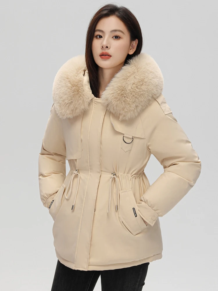 

Winter Women 2023 New Parkas Big Fur Collar Jackets Casual Fur Lining Hooded Thick Warm Parkas Snow Coat Female Outwear