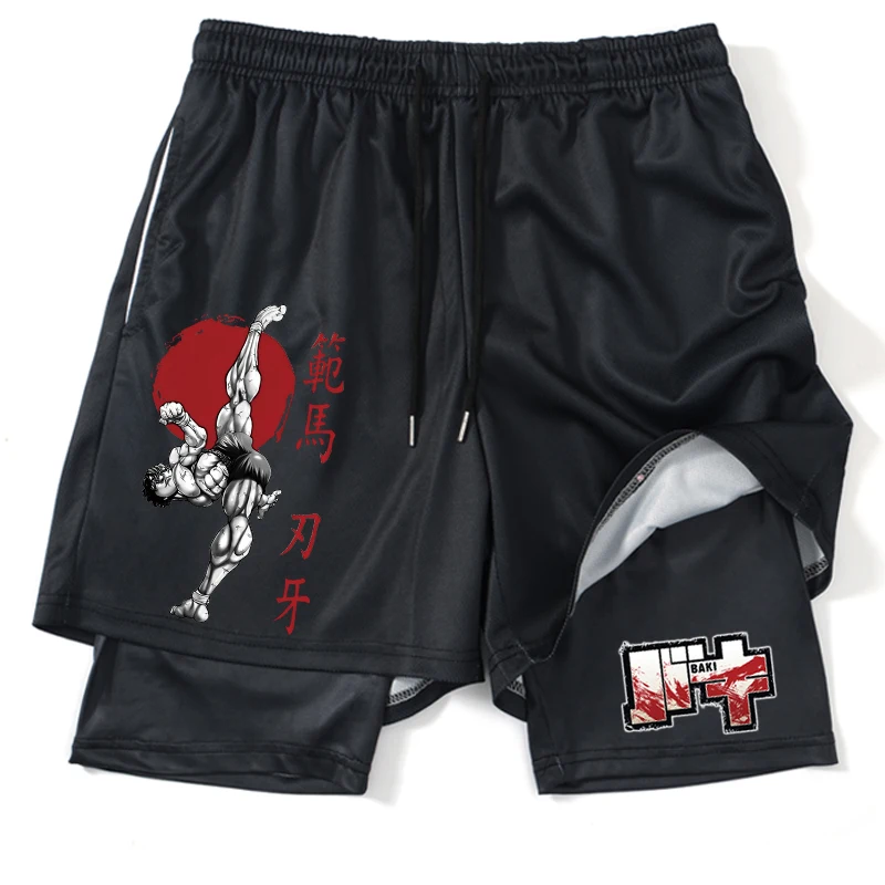 Anime Hanma Baki Gym Shorts Black for Men 2 In1 Mesh Quick Dry Board Shorts Mens Bodybuilding Fitness Running Short Pants Summer