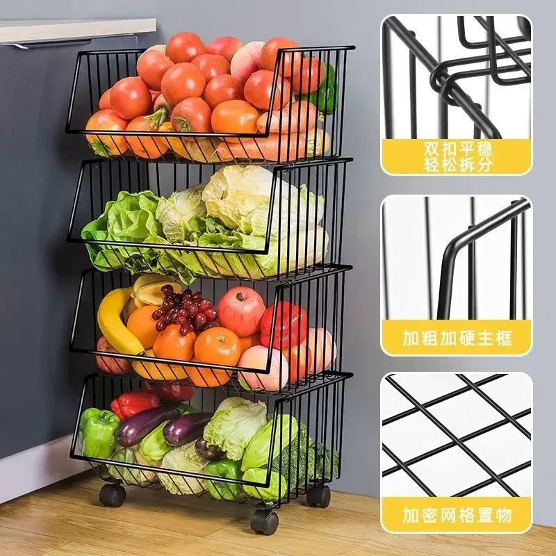 Steel Kitchen Trolley Vegetable Fruit Snacks Grocery Organiser Household Storage Basket 2/3/4/5 Tier Rolling trolley cart
