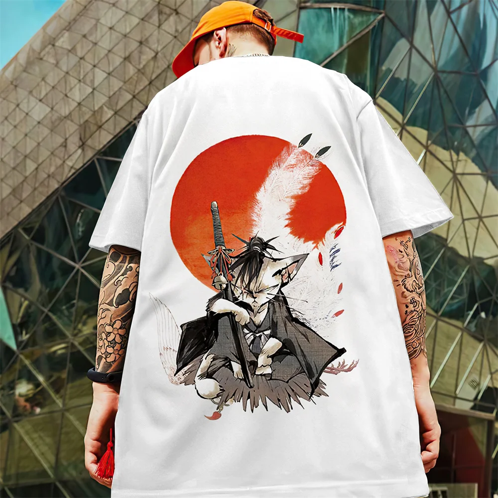 Japanese Style Samurai Cat Fashion T-shirt Men Summer High