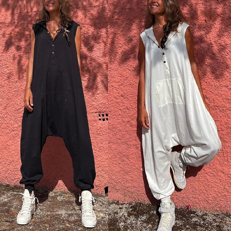 Combinaison d'été ample et décontractée à capuche sans manches, couleur unie, à la mode et personnalisée, boutonnée, pour femme, 2025 1
