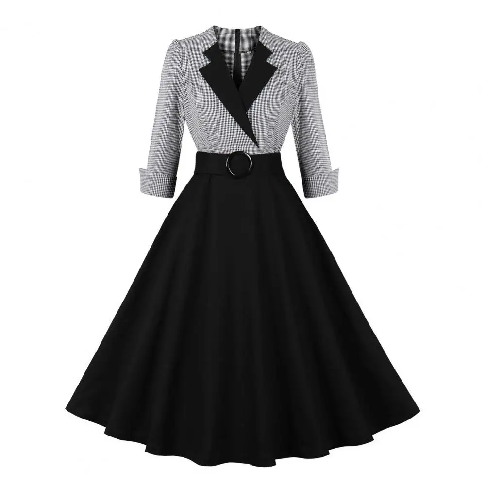 

Mid-length Dress Plaid Print Belted A-line Midi Dress with Retro Lapel Color Matching Back Zipper for Women's Prom Party Women