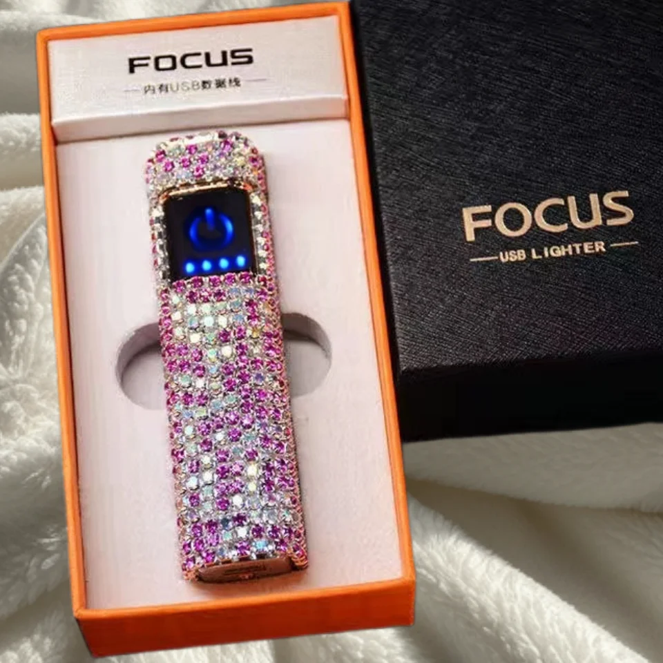 Rhinestone Touch Screen Lighter Diamond Luxury Windproof Mute High-Grade Usb Charging Ladies Cigarette Lighter Girl's Gift
