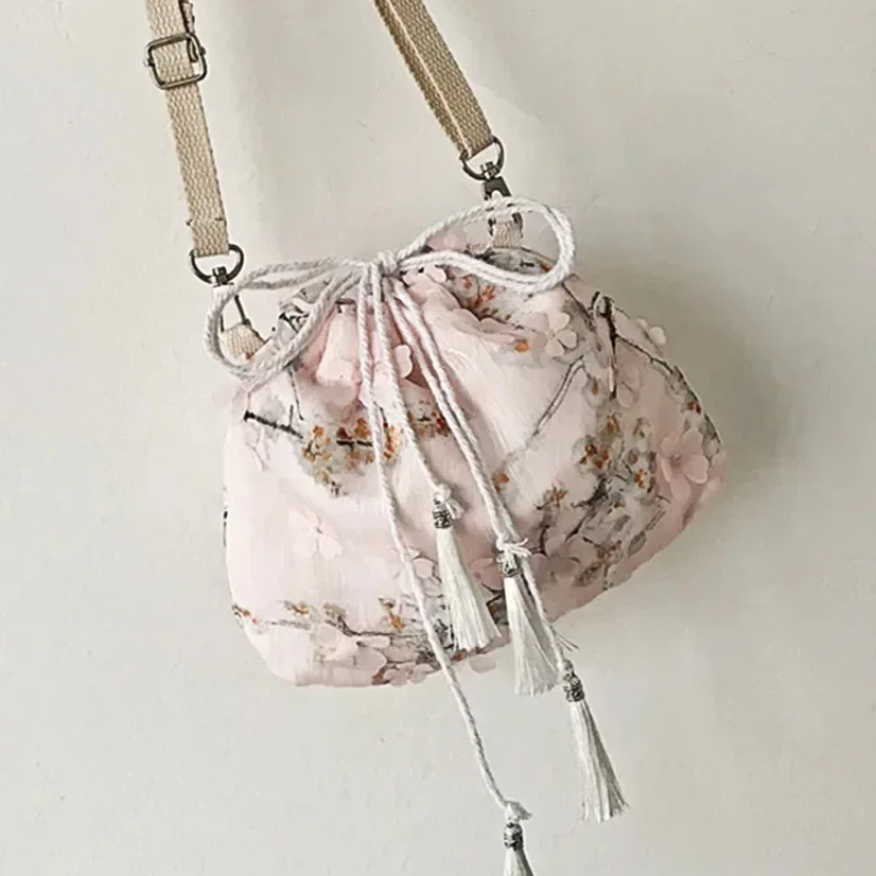 

Chinese Style Hanfu Bag Woven with Drawstring Portable Fairy Girl Bag Flower Pearl Chain Antique Clothing Matching Small Bags