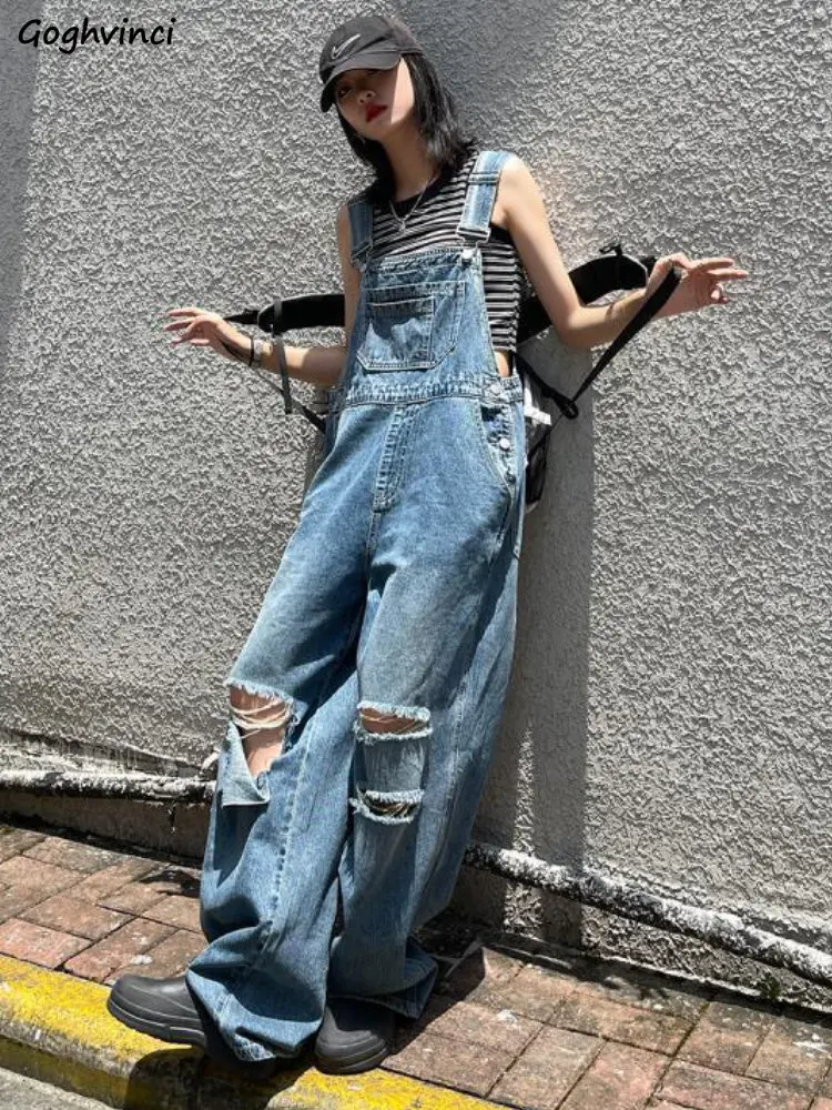 

Denim Jumpsuits Women Hole Vintage Korean Style Casual Streetwear Loose Chic Simple All-match Ulzzang Fashion Wide Leg Spring