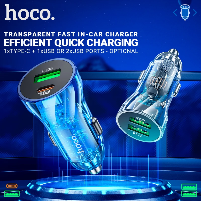 hoco car charger PD 30W 18W QC3.0 transparent dual port USB Type C fast