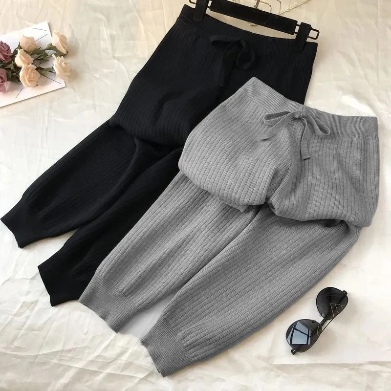 

Lucyever Fall Winter Thicken Warm Knitted Trousers Women Solid Color Loose Drawstring Harem Pants High Waist Casual Baggy Pants