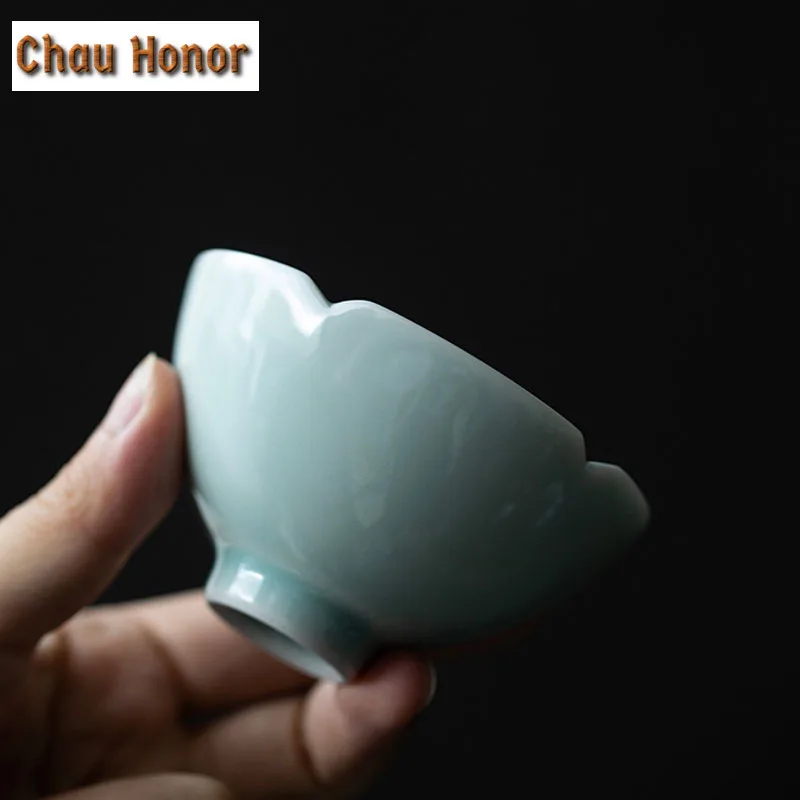 2pc/Set 65ml Creativity Hutian Kiln Misty Blue Ceramic Tea Bowl Sunflower Celadon Tea Cup Personal Hostess Cup Kung Fu Tea Set