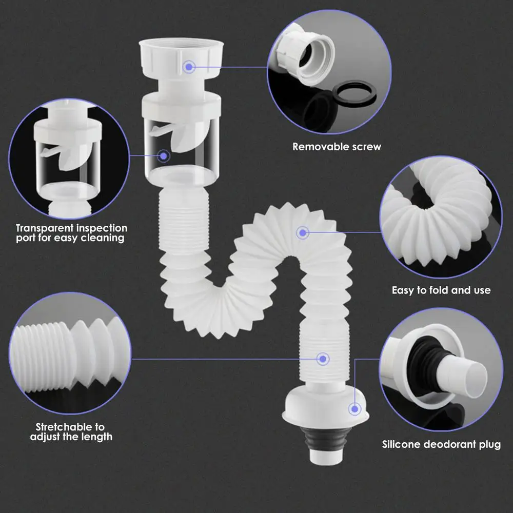 Description Picture 6 of itemSink Drain Pipe Sewer Drain Hose Telescopic Flexible Washing Basin Sink Drain Tube Kitchen Sink Bathroom  Accessories