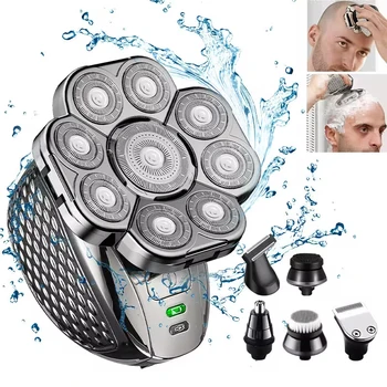 Mens 6-in-1 Electric Shaver for Bald Head & Beard - Floating 9 Blades, Nose/Ear Trimmer, Facial Brush, Rechargeable