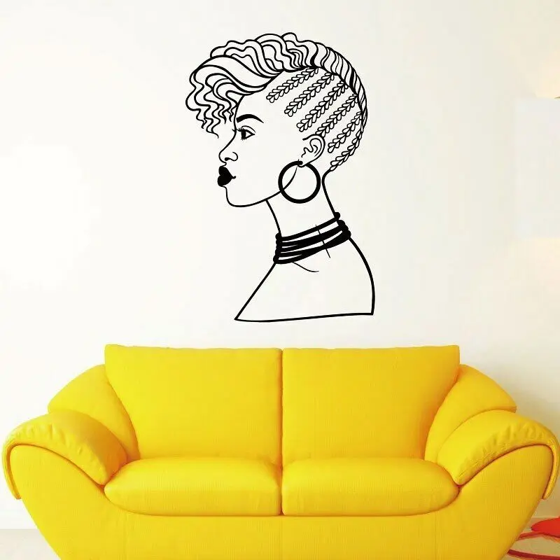 African Girl Face Wall Sticker Acconciatura Parrucchiere Sticker Interior Design Art Sticker Murale Decorazione Della Casa A601