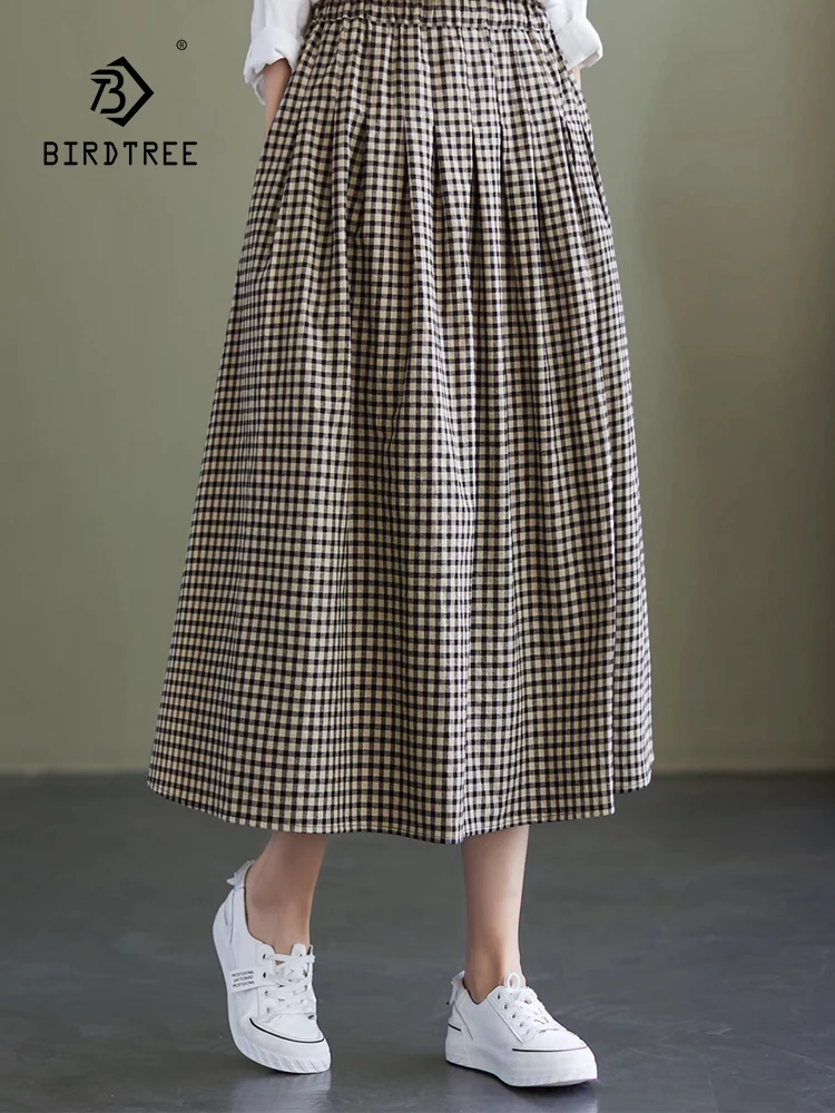 

New Spring Cotton Linen Plaid Skirt Women A-Line Elastic Waist Skirt Girl Versatile Casual Commute Skirt 2024 Summer B444119QC