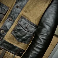 Retro Casual Style Spring Leather Jacket Men Natural Horsehide and Canvas Spliced Slim Fit Short Genuine Coat - Image 4