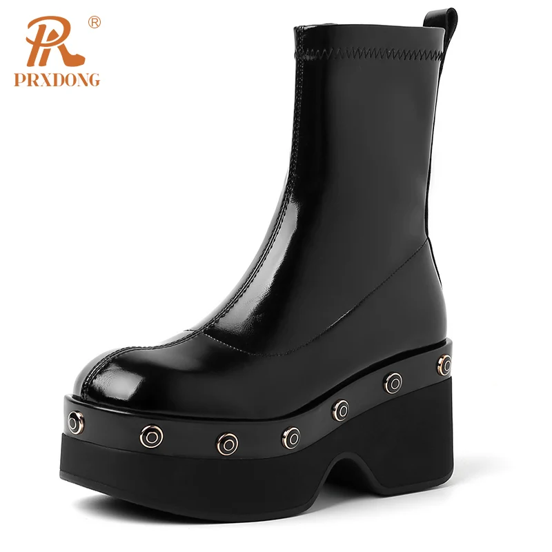 

PRXDONG INS New Fashion Soft Leather Shoes Woman ANkle Boots Chunky High Heels Platform Black Punk Rivets Dress Party Casual 39