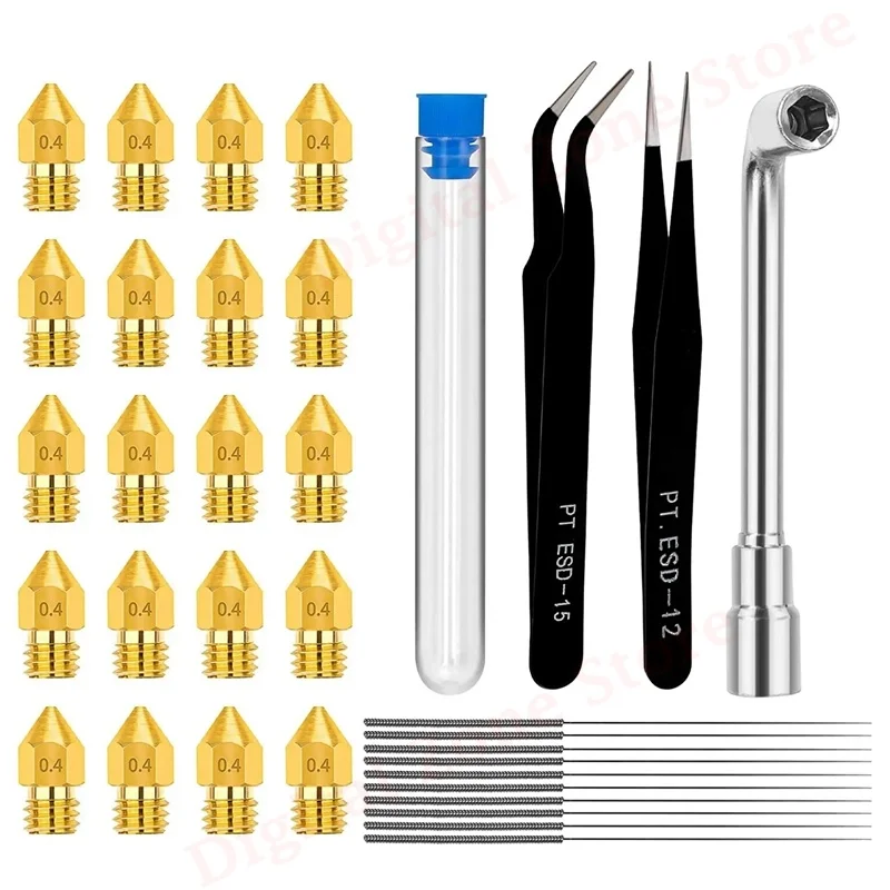 

20Pcs MK8 3D Printer Brass Extruder Nozzles 0.4mm, 10Pcs Cleaning Needles 0.35mm, 2Pcs Tweezer and Spanner Tools Kit