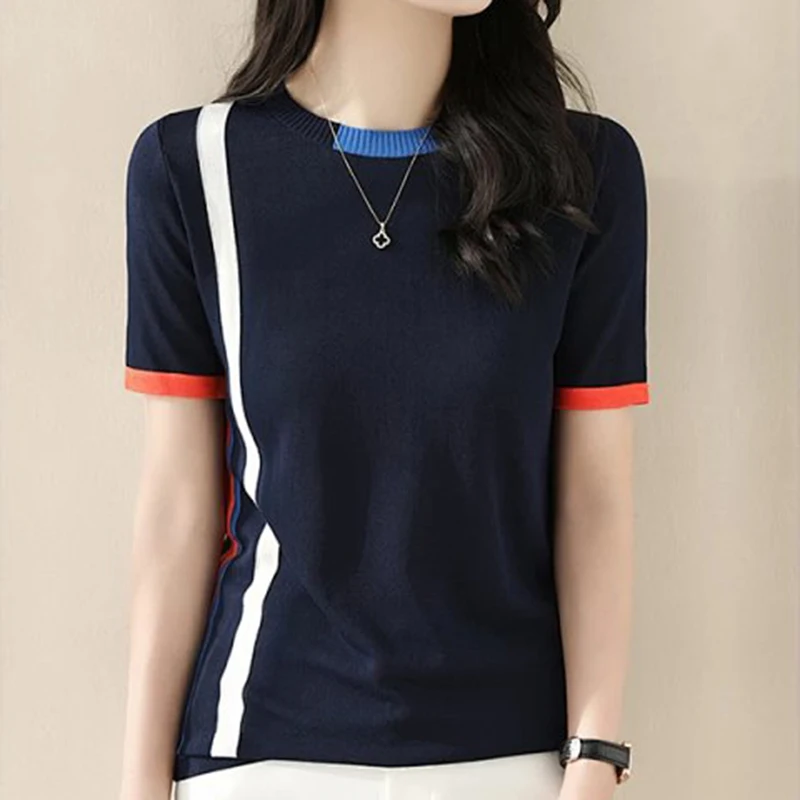 

2023 Fashion Short Sleeved T Shirt Women Summer Ice Silk Knitted Tshirts O Neck Contrast Color Slim Thin Tops Tee Shirt Femme