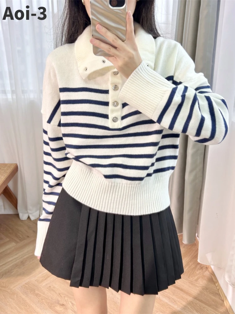 

French Fashion Knitwear Women's 2023 Autumn Winter New Metal Half Button Half Turtleneck Sweater Loose Long Sleeve Striped Tops
