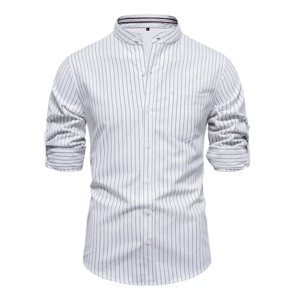 

Mens Stand Collar Cotton Linen Shirts 2023 New Long Sleeve Striped Slim Fit Tops Business Casual Button Down Dress Shirts Hombre