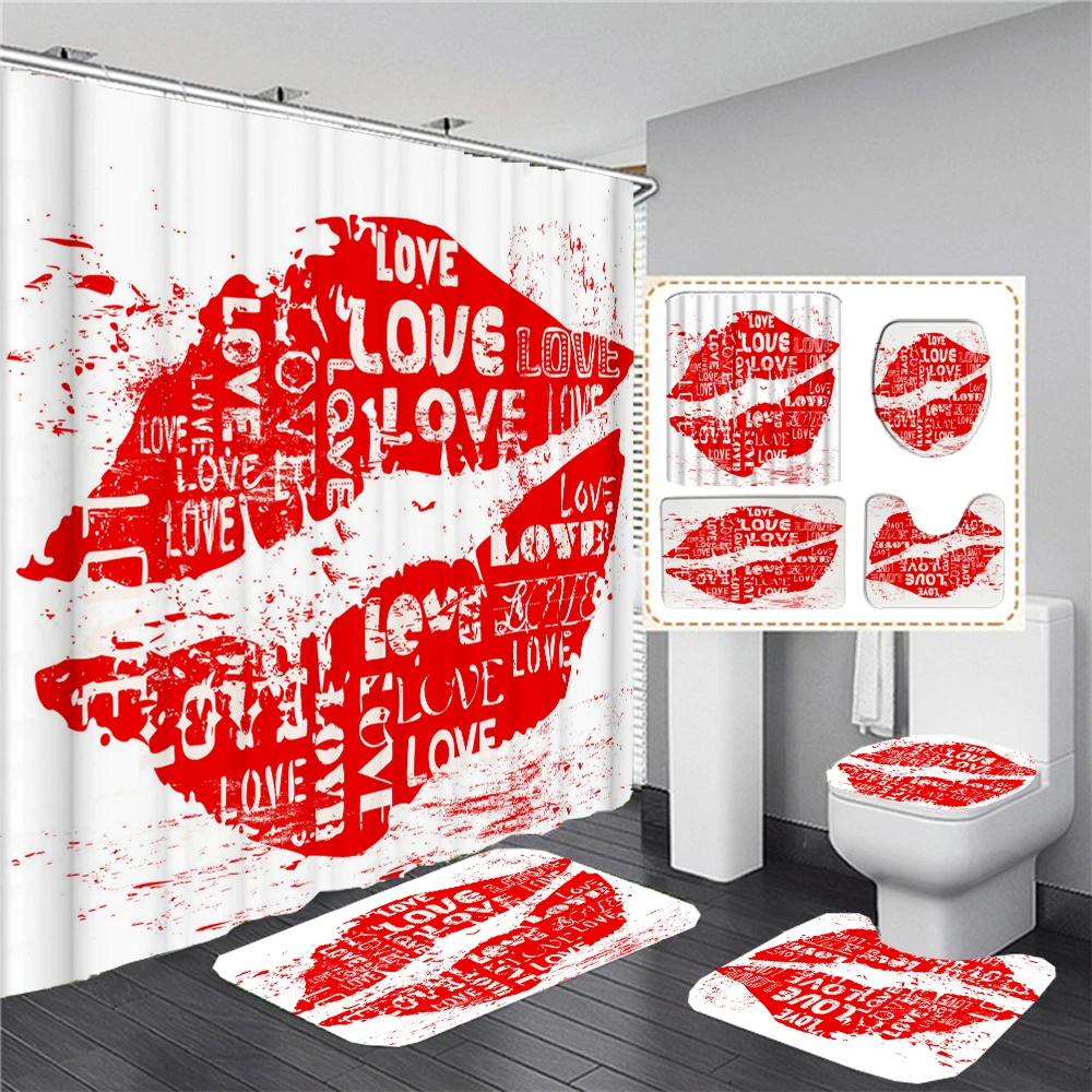 

Love Pink lips Bathroom Bathtub Bathing Waterproof Shower Curtain Valentine's Day Toilet Seat Cover Rug Bath Anti-Slip Floor Mat