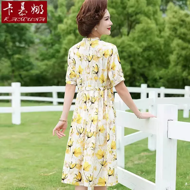 

Mom Summer Short-sleeved Dress New Women's Middle-aged Temperament Waist Color Foreign Chiffon Skirt