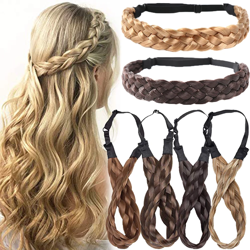 

Synthetic Wide Belt Braided Headband Women Chunky Fake Wig Hair Plaited Twist Elastic Hairpiece Adjustable Size Head Wear