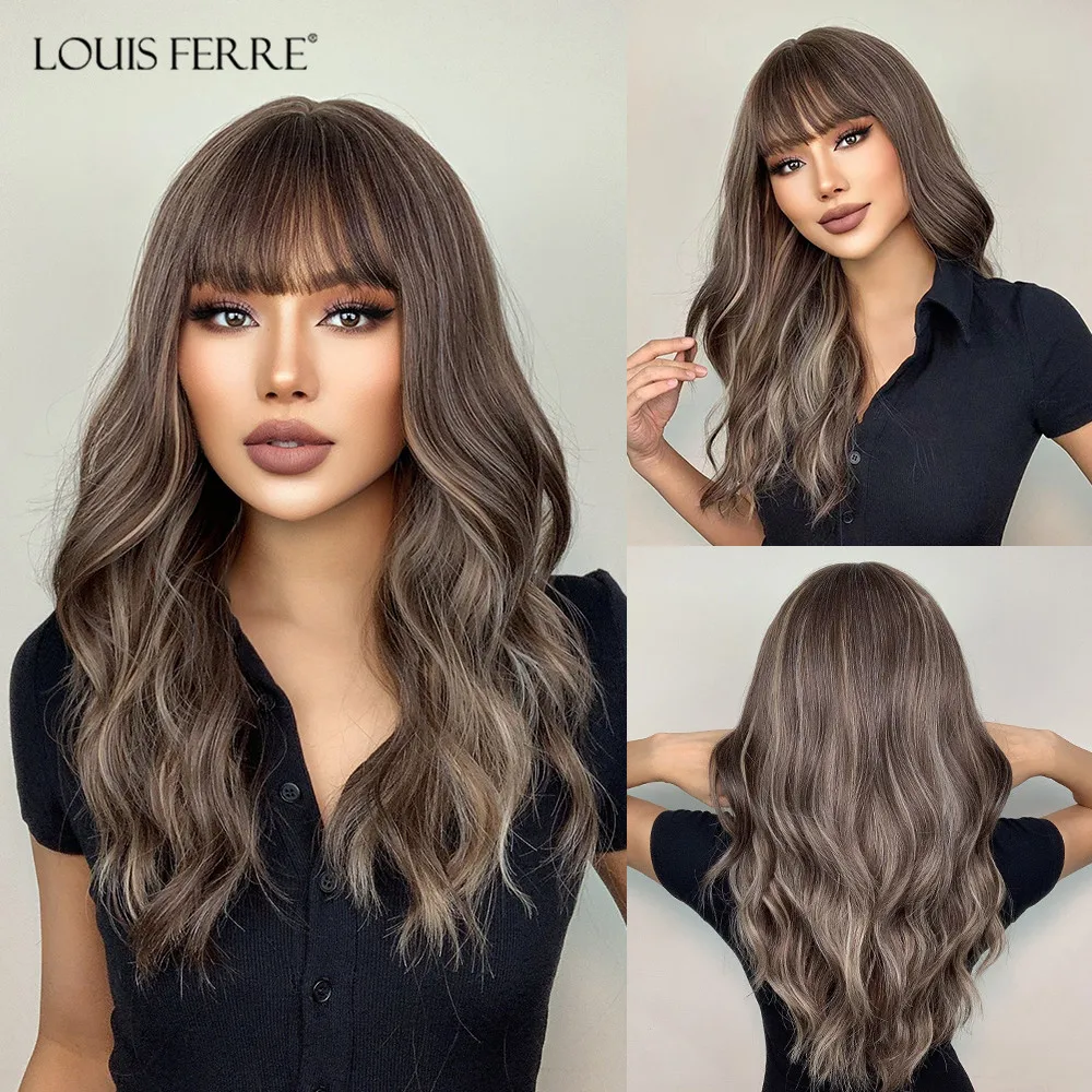 Parrucche Sintetiche Louis Ferre Ash Brown Wave Con Frangia Parrucca Riccia Lunga Marrone Evidenziare Capelli Finti Resistenti Al Calore Naturali Marr
