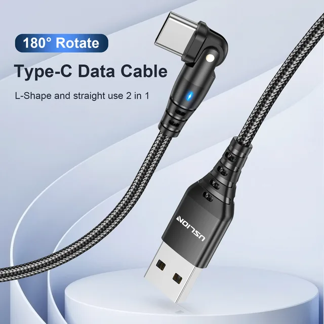 USLION Red Type C Cable 180 Rotate 3A Fast Charging Wire For Samsung Xiaomi Mobile Phone USB C Cable Type C Charger Data Cables 2