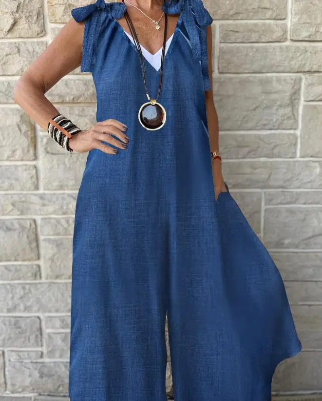 Jumpsuit Women 2024 Summer Fashion Tied Detail V-Neck Sleeveless Casual Plain Daily Wide Leg Long Jumpsuit Y2K Streetwear
