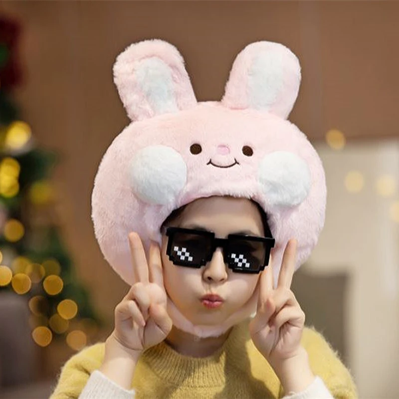 

Kawaii Pink Rabbit Hat For Women Men Funny Cartoon Animal Plush Toy Headcover Beanies Cap PP Cotton Cute Headgear Photo Props