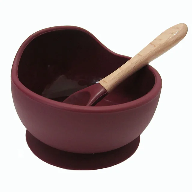 New Colors Feeding Set Food Grade Silicone Bibs Baby Plate Non-silp Suction Bowl Kids Tableware Waterproof Bib BPA Free Spoon Wine red