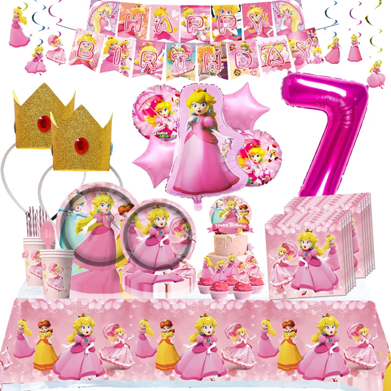 

Украшения для дня рождения принцессы, персик, искусственное украшение, розовый Марио, украшения для девочек, воздушные шары, повязка на голову, настольные чашки, подарки для будущей мамы