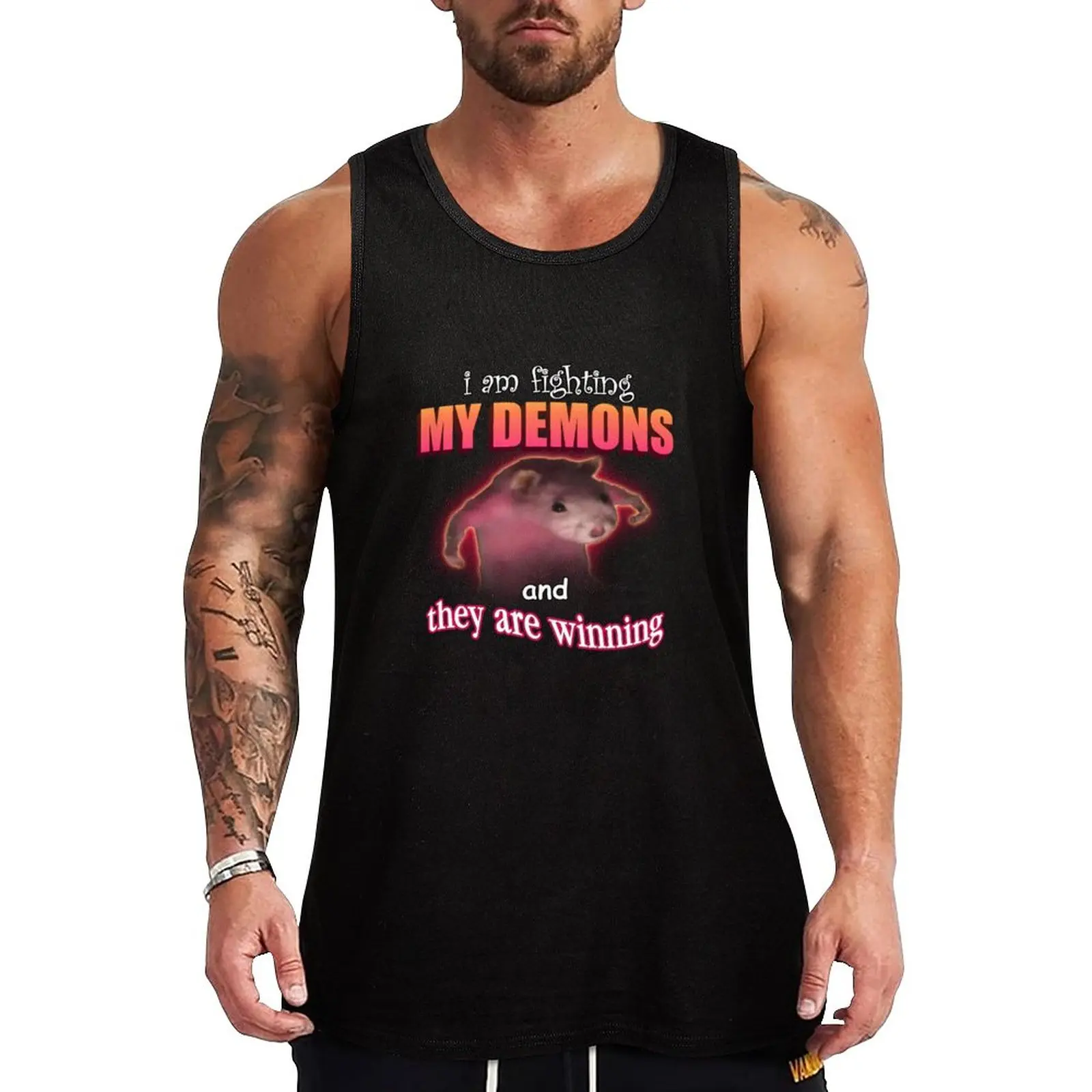 

I'm fighting my demons and they are winning rat word art meme Tank Top Bodybuilding shirt gym wear men