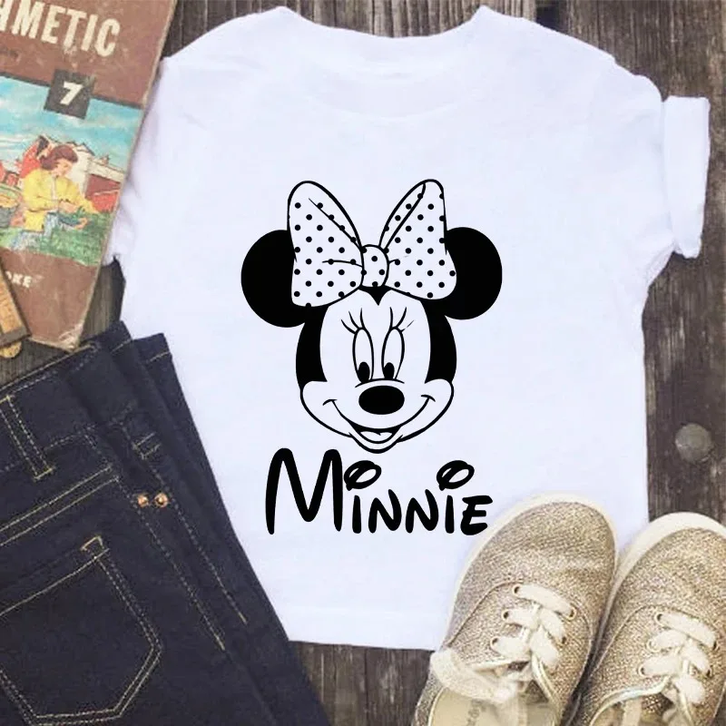 Disney Series Mickey Minnie Anime Clothes T-shirt Boy Girl Casual Summer White Pink Cotton Children's Clothing Baby Kawaii Tees 2