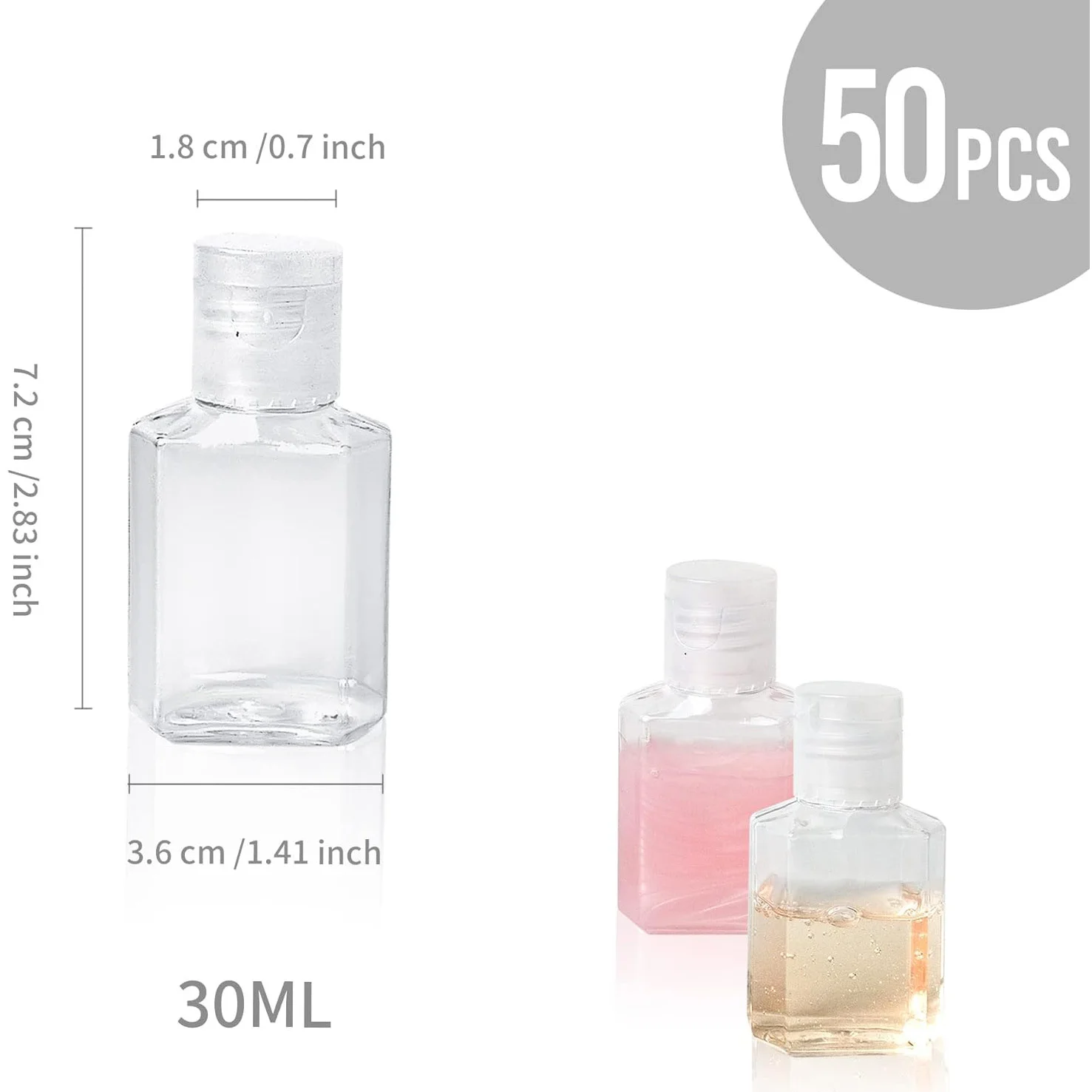 50pcs 1oz Empty Hand Sanitizer Travel Size Bottles,Plastic Mini Clear Refillable Flip-Top Hand Sanitizer Shampoo Containers