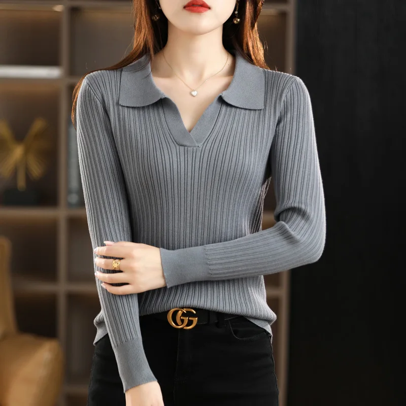 

Women's Long Sleeve V-Neck Knitted Pullover, Korean Fashion, Slim Ladies Knitwear, Bottoming Jumper Top, Spring, Autumn, New