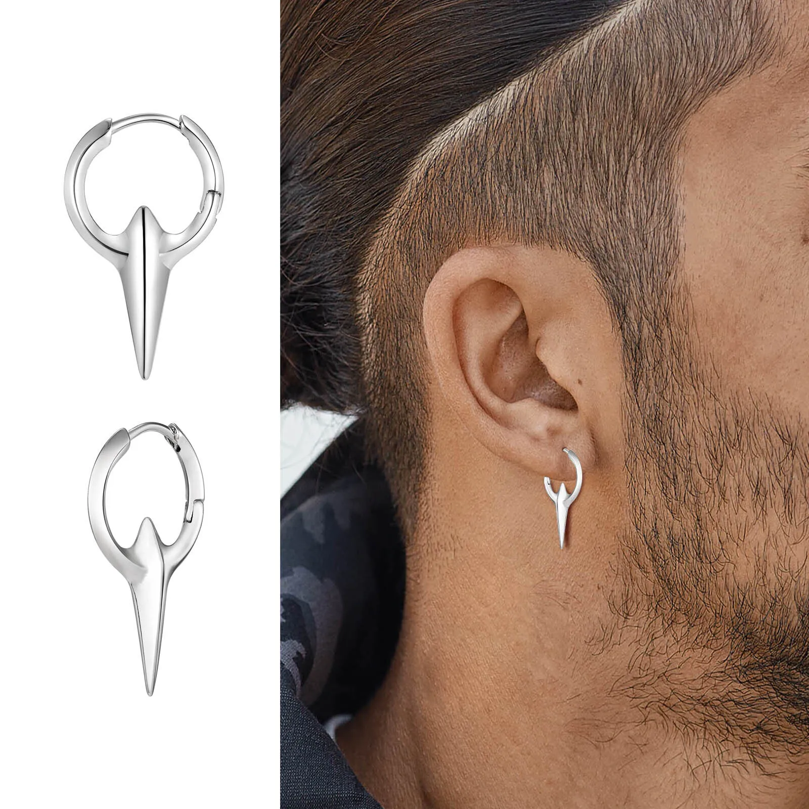 Taper Spikes Huggie Hoop Earrings for Men Boys,Silver Color Small