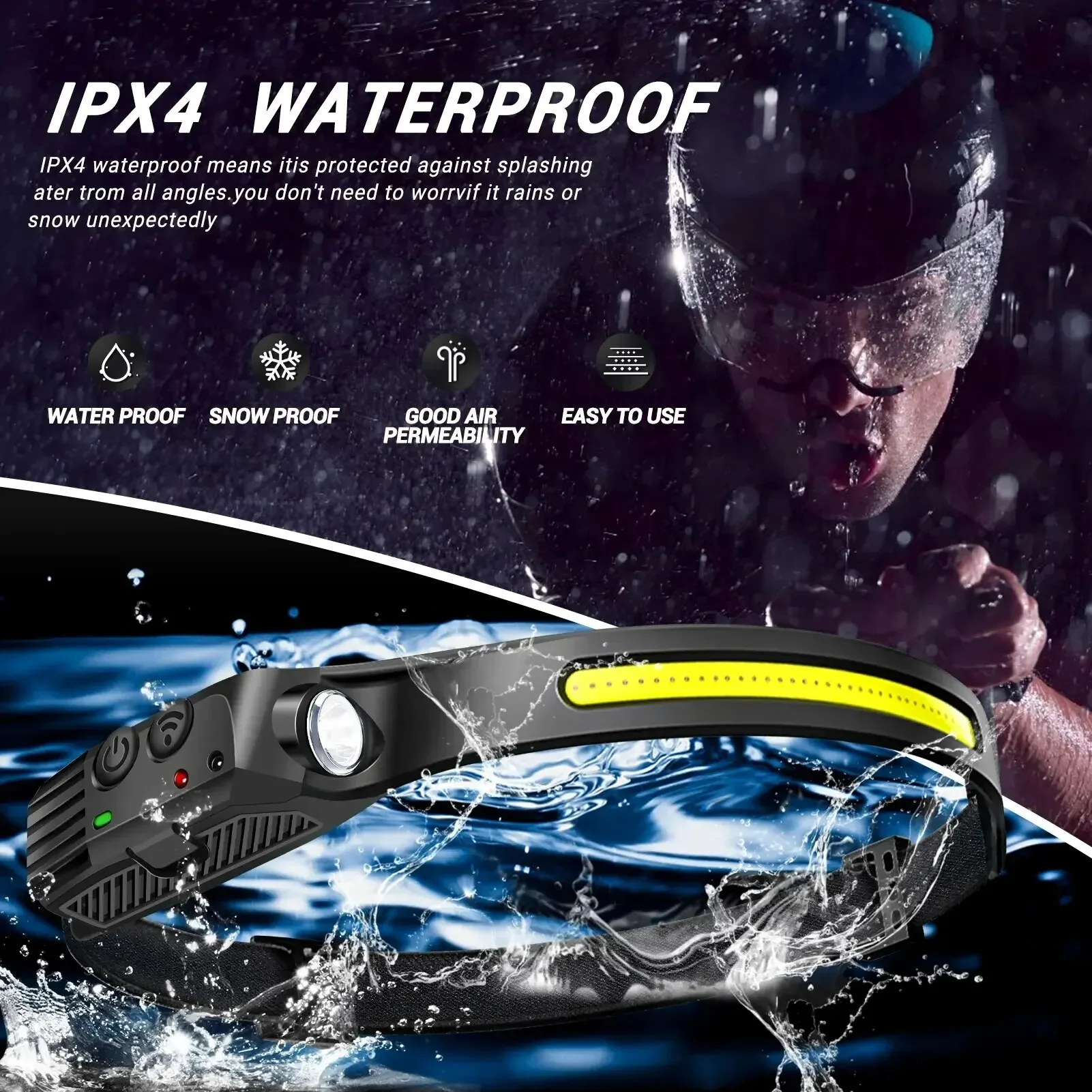 COB Headlight Running Light Type-C Rechargeable Inductive for Outdoor Work
