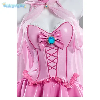 Costume da Cosplay della Principessa Peach, Tuta in Pelle Rosa con Scialle, Abito da Donna per Halloween e Carnevale