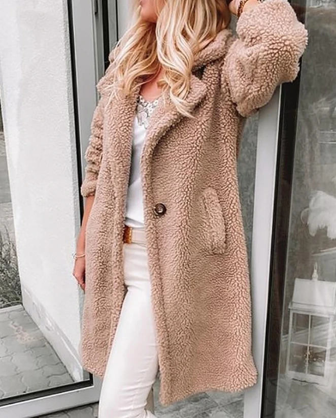 

2023 New Winter Warm Thick Women's Coat Notched Collar Pocket Design Teddy Casual Long Sleeve Plain Plush Coat Commuting Style