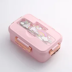 Kawaii Dinosaur Bento Lunch Box for Kids - Cartoon Design with 3 Compartments for Snacks and Meals (Pink)